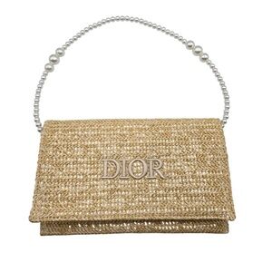 NWT Dior Beige Woven Clutch with Pearl White Strap Authentic
